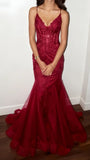 Mermaid V Neck Tulle Burgundy Prom Dress With Lace Formal Evening Dresses HZ0311