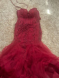 Mermaid V Neck Tulle Burgundy Prom Dress With Lace Formal Evening Dresses HZ0311