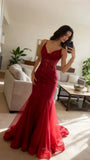 Modest Mermaid Spaghetti Straps Burgundy Lace Tulle Prom Dresses Inspiration Prom Dress Princess Graduation Dress HZ0311