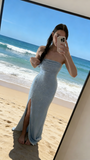 Modest Mermaid Strapless Light Sky Blue Sequin Long Prom Dresses High School Teens Senior Slit Graduation Dance Party Outfits HZ0311
