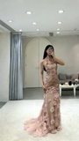 Modest Mermaid Halter Pink Lace Sleeveless Long Prom Dresses High School Teens Senior Graduation Dance Party Outfits HZ0311