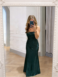 Modest Mermaid Spaghetti Strap Dark Green Satin Evening Dresses High School Teens Senior Night Dance Party Outfits HZ0311