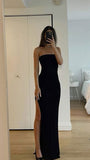Modest Sheath Strapless Split Black Prom Evening Dresses High School Teens Senior Night Dance Party Outfits HZ0311
