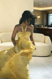 Modest A Line Halter Yellow Chiffon Long Evening Dresses Inspo Senior Night Dance Prom Dress HZ0311