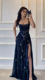 Modest A line Square Neck Dark Green Sequins Slit Long Prom Dresses Senior Graduation Dance Evening Outfits HZ0311