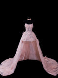 Chic Ball Gown Strapless Short Pink Lace With Feather Appliques Inspo Formal Party Gowns Prom Dresses HZ0311