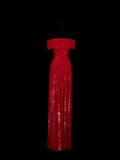 Chic A line Off The Shoulder Red Pleated Ruffle Sequin Long Prom Dresses Inspiration Evening Gowns Formal Party Dress HZ0311