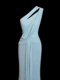 Chic Mermaid One Shoulder Light Sky Blue Pleated Ruffle Sequin Long Prom Dresses Inspiration Evening Gowns Formal Party Dress HZ0311