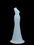 Chic Mermaid One Shoulder Light Sky Blue Pleated Ruffle Sequin Long Prom Dresses Inspiration Evening Gowns Formal Party Dress HZ0311