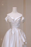 Timeless Wedding Dresses A Line Off The Shoulder Short Sleeves Satin Pleated Brides Dress Fitted Long Bridal Gowns HZ0311