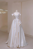 Timeless Wedding Dresses A Line Off The Shoulder Short Sleeves Satin Pleated Brides Dress Fitted Long Bridal Gowns HZ0311