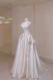Timeless Wedding Dresses A Line Off The Shoulder Short Sleeves Satin Pleated Brides Dress Fitted Long Bridal Gowns HZ0311