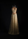 Vintage Prom Dresses Aesthetic A line Halter Gold Sequins With Beaded Bodice Inspo Formal Party Gown HZ0311