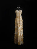 Vintage Prom Dresses Aesthetic A line Halter Yellow With Layered Tiered Bodice Inspo Formal Party Gown HZ0311