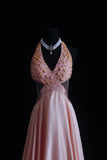 Vintage Prom Dresses Aesthetic A line Halter Pink Backless Beaded Bodice Inspo Formal Party Gown HZ0311
