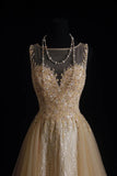 Vintage Prom Dresses Aesthetic A line Scoop Neck Champagne Tulle With Beaded Bodice Inspo Formal Party Gown HZ0311