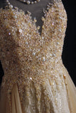 Vintage Prom Dresses Aesthetic A line Scoop Neck Champagne Tulle With Beaded Bodice Inspo Formal Party Gown HZ0311