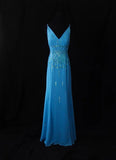 Vintage A line Spaghetti Strap Blue Chiffon Long Prom Dresses Inspiration Evening Gowns Formal Party Prom Dress HZ0311