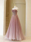 Stylish A line Strapless Dusty Pink Tulle Long Prom Dresses Inspiration Evening Gowns Formal Party Prom Dress HZ0311