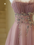 Stylish A line Strapless Dusty Pink Tulle Long Prom Dresses Inspiration Evening Gowns Formal Party Prom Dress HZ0311
