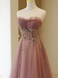 Stylish A line Strapless Dusty Pink Tulle Long Prom Dresses Inspiration Evening Gowns Formal Party Prom Dress HZ0311