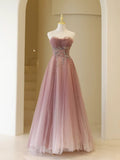 Stylish A line Strapless Dusty Pink Tulle Long Prom Dresses Inspiration Evening Gowns Formal Party Prom Dress HZ0311