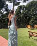 Simple Mermaid One Shoulder Light Sky Blue Chiffon With Ruffles Long Prom Dresses Impress Wedding Guest Dress Party Gown HZ0311