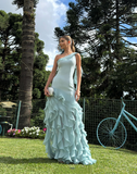 Simple Mermaid One Shoulder Light Sky Blue Chiffon With Ruffles Long Prom Dresses Impress Wedding Guest Dress Party Gown HZ0311