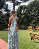 Simple Mermaid One Shoulder Light Sky Blue Chiffon With Ruffles Long Prom Dresses Impress Wedding Guest Dress Party Gown HZ0311