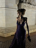 Classy Mermaid Spaghetti Strap Purple Sequined Prom Dress Long 18th Birthday Party Gowns Formal Dresses HZ0311