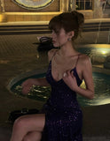 Classy Mermaid Spaghetti Strap Purple Sequined Prom Dress Long 18th Birthday Party Gowns Formal Dresses HZ0311