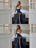 Ethereal Mermaid Spagehtti Strap Long Prom Dress Corset Back Navy Blue Long Ball Gowns Formal 18th Birthday Dresses HZ0311