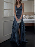 Ethereal Mermaid Spagehtti Strap Long Prom Dress Corset Back Navy Blue Long Ball Gowns Formal 18th Birthday Dresses HZ0311