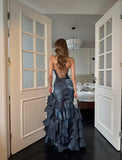 Fairytale Mermaid Spagehtti Strap Long Prom Dress Corset Back Navy Blue Long Ball Gowns Formal Birthday Dresses HZ0311
