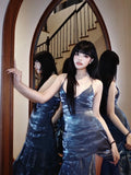 Fairytale Mermaid Spagehtti Strap Long Prom Dress Corset Back Navy Blue Long Ball Gowns Formal Birthday Dresses HZ0311