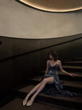 Fairytale Mermaid Spagehtti Strap Long Prom Dress Corset Back Navy Blue Long Ball Gowns Formal Birthday Dresses HZ0311