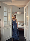 Whimsical Mermaid Spagehtti Strap Long Prom Dress Corset Back Navy Blue Long Formal Birthday Dresses HZ0311