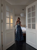 Ethereal Mermaid Spagehtti Strap Long Prom Dress Corset Back With Slit Split Navy Blue Long Ball Gowns Formal 18th Birthday Dresses HZ0311