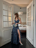 Whimsical Mermaid Spagehtti Strap Long Prom Dress Corset Back Navy Blue Long Formal Birthday Dresses HZ0311