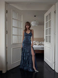 Whimsical Mermaid Spagehtti Strap Long Prom Dress Glitter Navy Blue Long Formal Birthday Dresses HZ0311