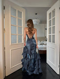 Whimsical Mermaid Spagehtti Strap Long Prom Dress Glitter Navy Blue Long Formal Birthday Dresses HZ0311