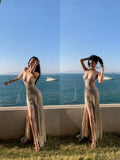 Glittering Mermaid Spaghetti Strap Champagne With Corset Back Slit Long Prom Dresses Inspo 18th Birthday Outfits Formal Dress HZ0311