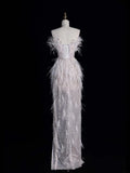 Civil Wedding Dresses Sheath Strapless White Sequin With Slit Feathers Bodice Brides Dress Fitted Bridal Gowns HZ0311