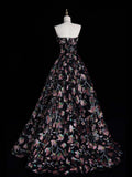 Whimsical Ball Gown Strapless Black Floral Sequin Pleated Bodice Long Prom Dresses Night Formal Dress HZ0311