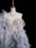 Whimsical Mermaid Sweetheart Silver Gray Sequin Pleated Bodice With Feathers Cape Long Prom Dresses Night Formal Dress HZ0311