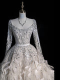 Civil Wedding Dresses Ball Gown Square Neck White Tulle With Long Sleeves Feathers Bodice Brides Dress Fitted Bridal Gowns HZ0311