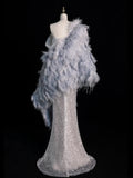 Whimsical Mermaid Sweetheart Silver Gray Sequin Pleated Bodice With Feathers Cape Long Prom Dresses Night Formal Dress HZ0311