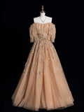 Elegant Ball Gown Off The Shoulder Tulle With Short Sleeves Beaded Bodice Long Evening Dresses Semi Prom Formal Gown HZ0311