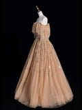 Elegant Ball Gown Off The Shoulder Tulle With Short Sleeves Beaded Bodice Long Evening Dresses Semi Prom Formal Gown HZ0311