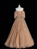 Elegant Ball Gown Off The Shoulder Tulle With Short Sleeves Beaded Bodice Long Evening Dresses Semi Prom Formal Gown HZ0311